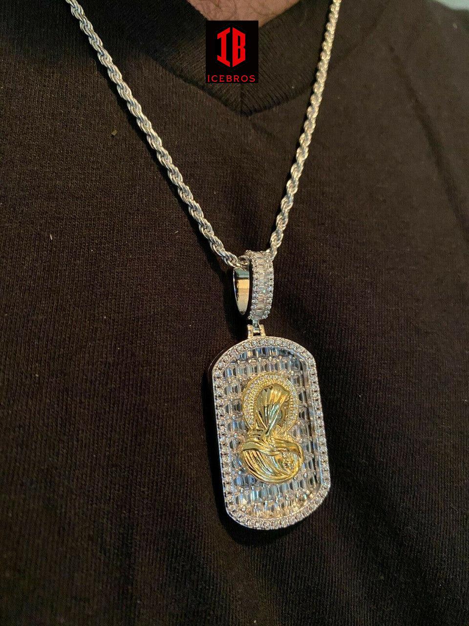 Vermeil 925 Silver Virgin Mary Iced Baguette Diamond DogTag Pendant Chain