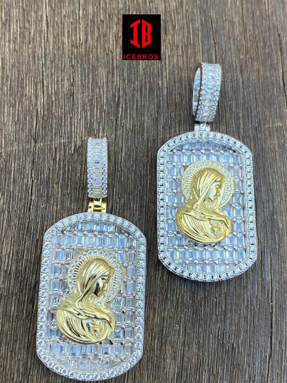 Vermeil 925 Silver Virgin Mary Iced Baguette Diamond DogTag Pendant Chain