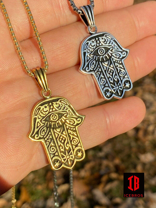 925 Sterling Silver Enamel Gold Hamsa Hand Of Fatima Pendant Gold Necklace Large