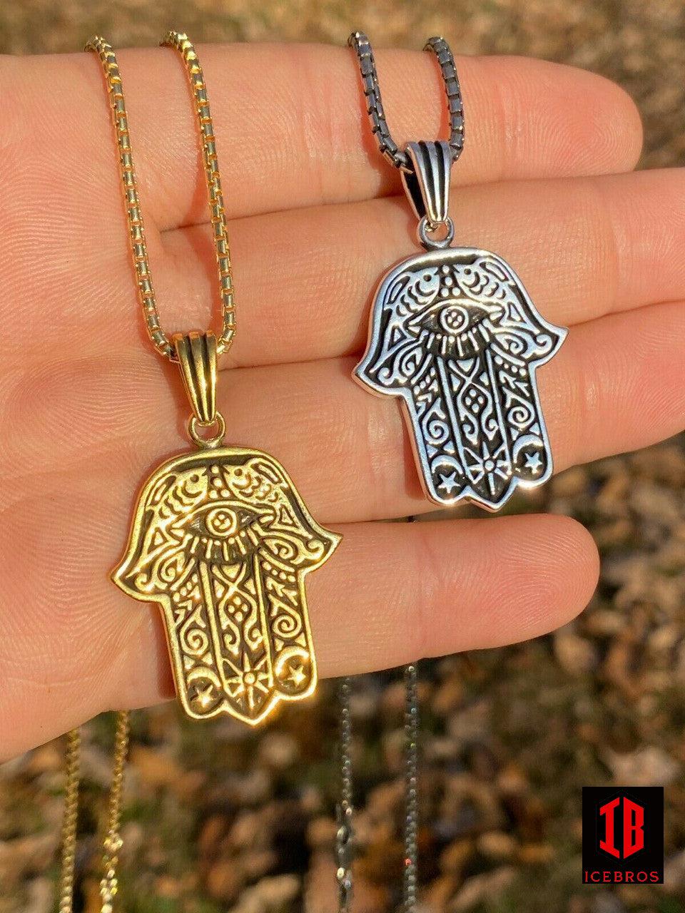 925 Sterling Silver Enamel Gold Hamsa Hand Of Fatima Pendant Gold Necklace Large