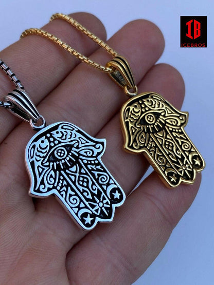 925 Sterling Silver Enamel Gold Hamsa Hand Of Fatima Pendant Gold Necklace Large