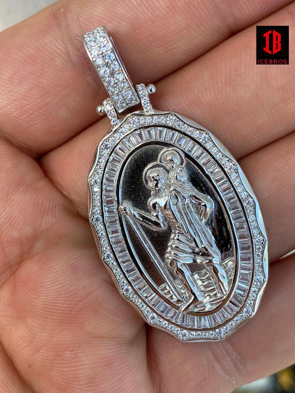 925 Sterling Silver St Saint Christopher Necklace Pendant Iced cz Baguette Medallion