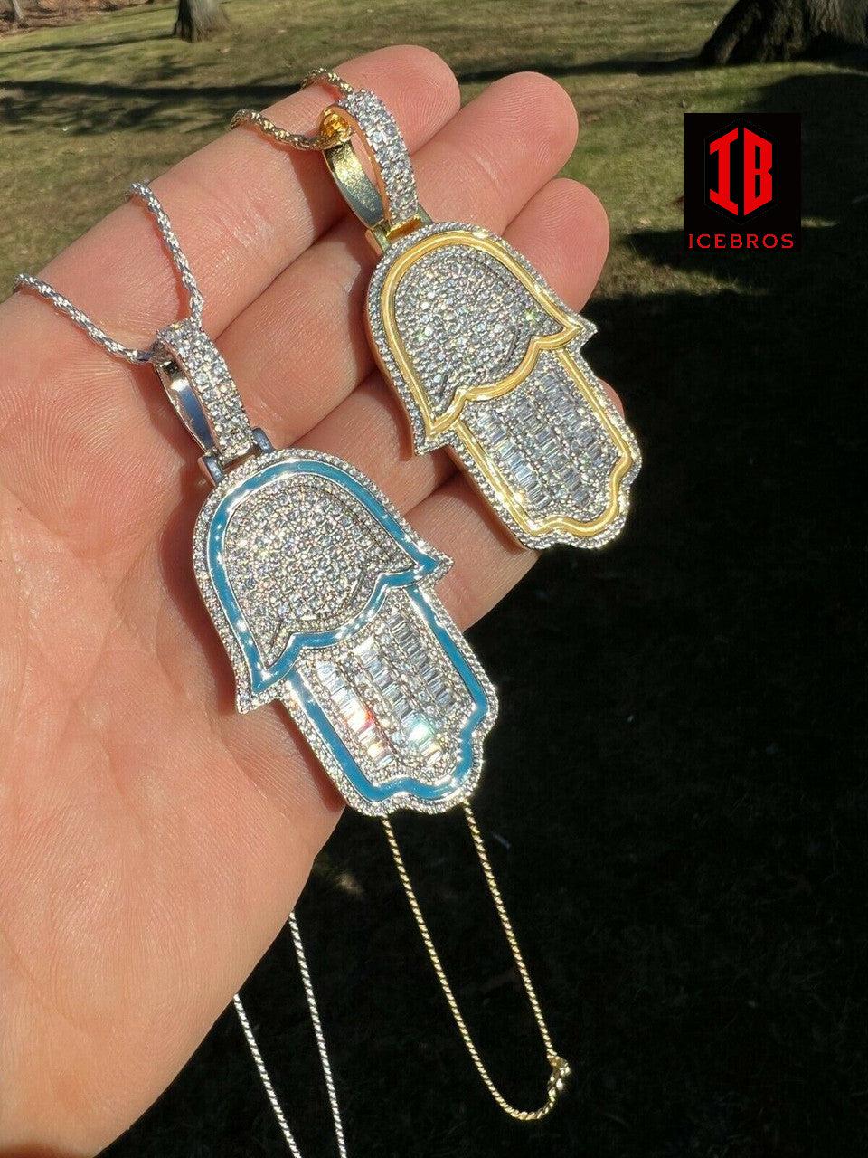 Enamel 925 Sterling Silver Gold Large Mens Hamsa Hand Pendant Ice Diamond Necklace