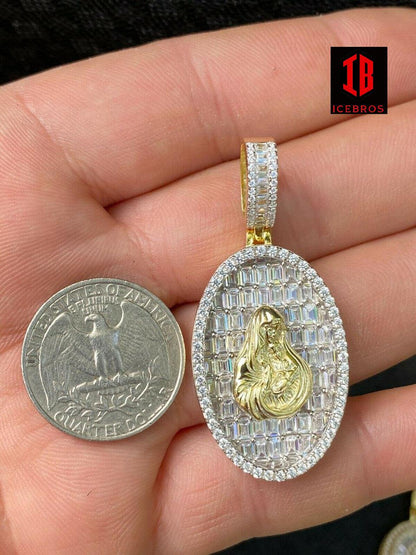 925 Vermeil Silver 14k Gold Virgin Mary Iced Diamond Medallion Pendant Necklace