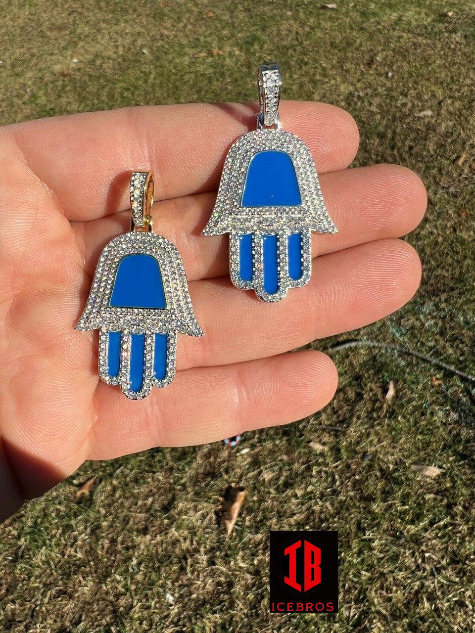 Enamel 925 Silver Gold Blue Hamsa Hand Pendant Iced Diamond Necklace Hamza Hand