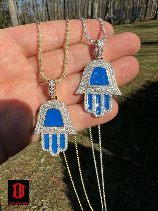 Enamel 925 Silver Gold Blue Hamsa Hand Pendant Iced Diamond Necklace Hamza Hand