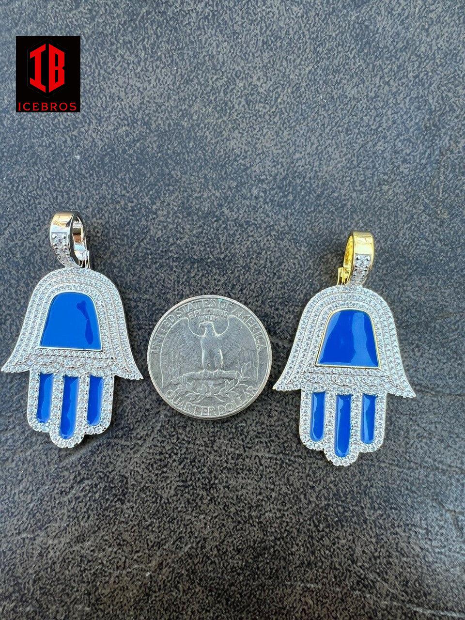 Enamel 925 Silver Gold Blue Hamsa Hand Pendant Iced Diamond Necklace Hamza Hand