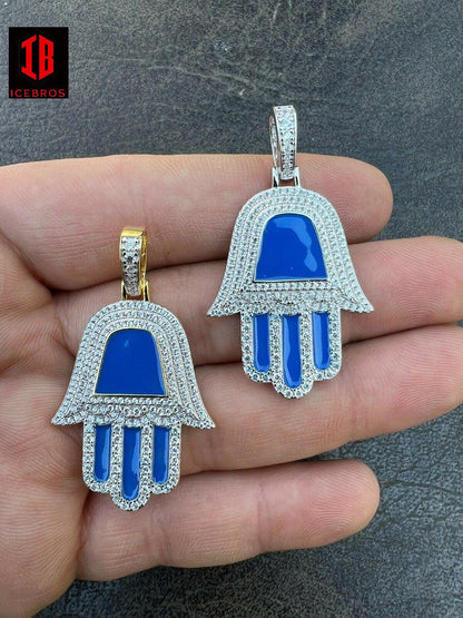 Enamel 925 Silver Gold Blue Hamsa Hand Pendant Iced Diamond Necklace Hamza Hand