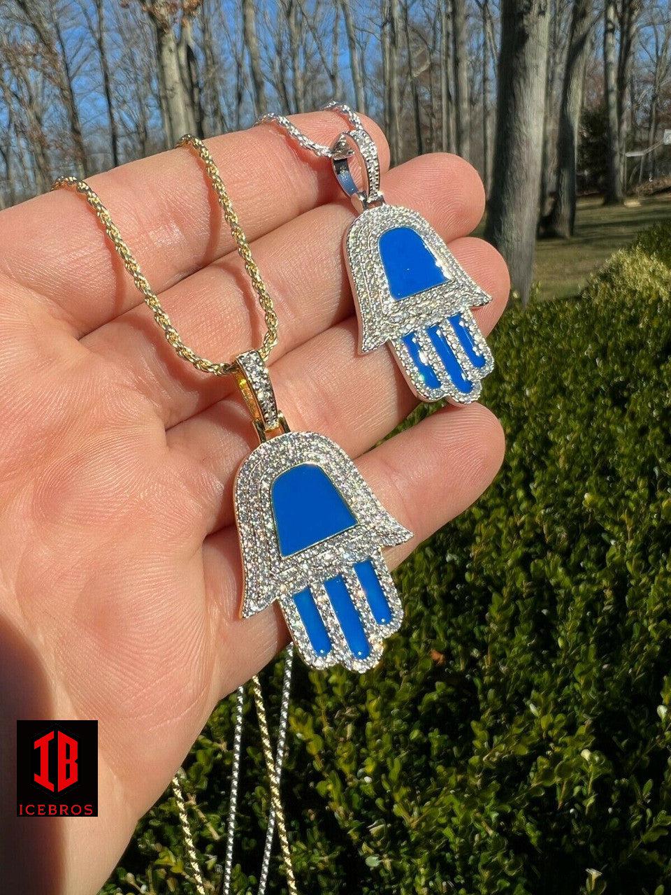 Enamel 925 Silver Gold Blue Hamsa Hand Pendant Iced Diamond Necklace Hamza Hand