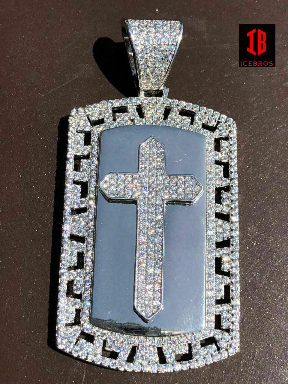 Vermeil  925 Silver Real Icy 1ct Diamond Dog Tag Cross Pendant 14k Gold