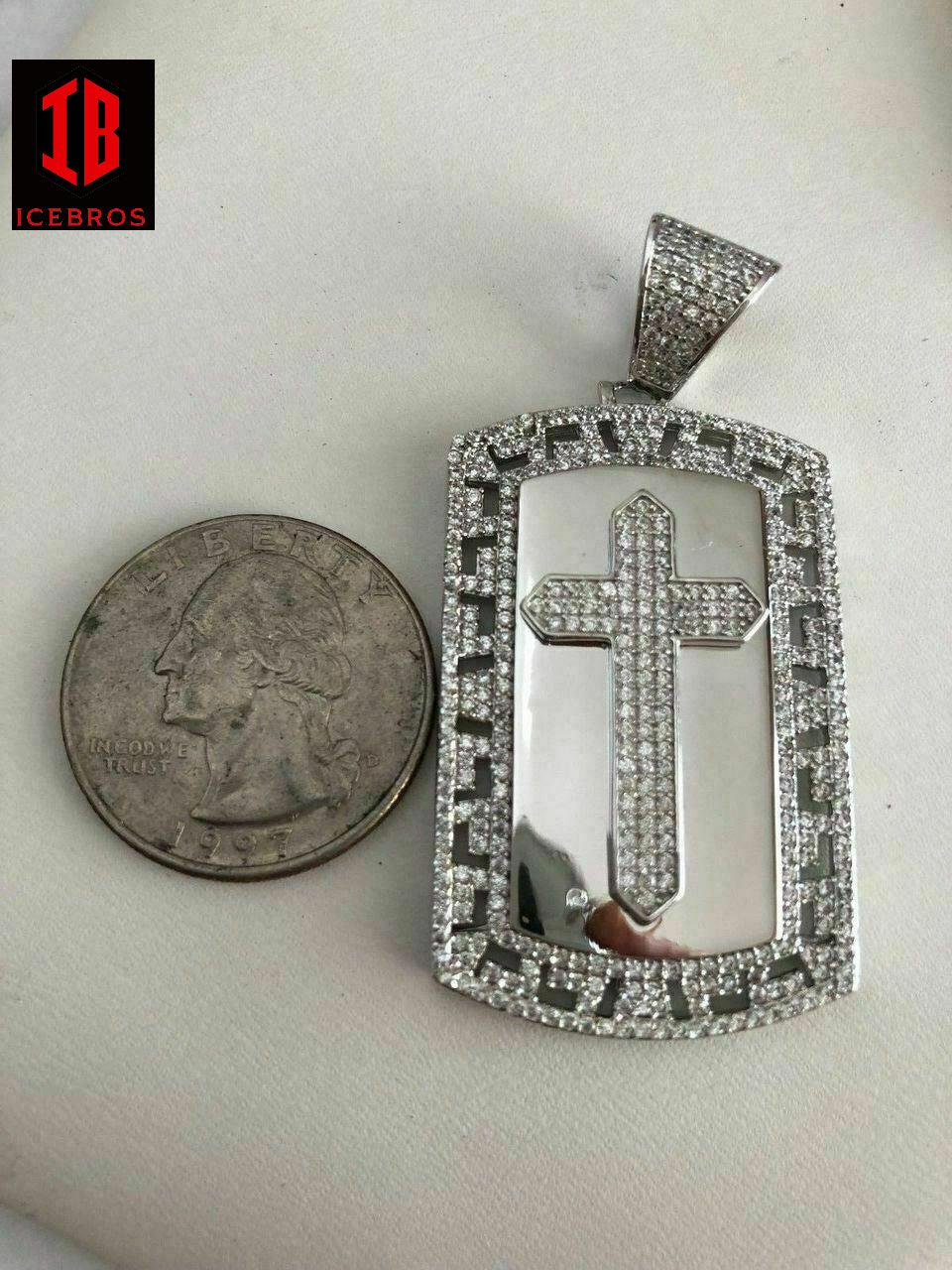 Vermeil  925 Silver Real Icy 1ct Diamond Dog Tag Cross Pendant 14k Gold