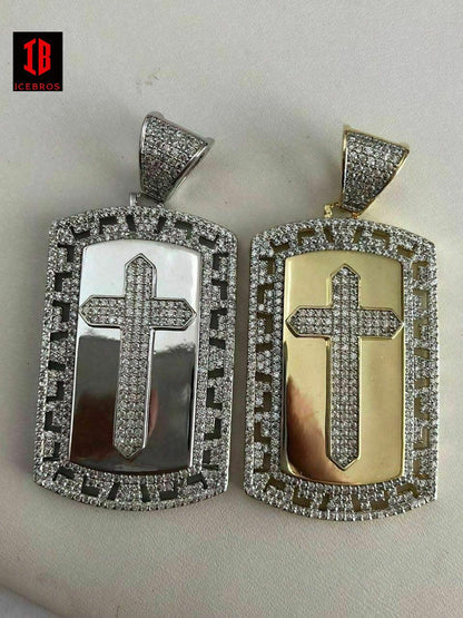 Vermeil  925 Silver Real Icy 1ct Diamond Dog Tag Cross Pendant 14k Gold