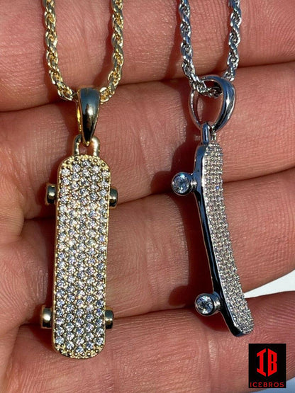 925 Sterling Silver Iced CZ Diamond Skateboard Charm Hip Hop Gold Necklace