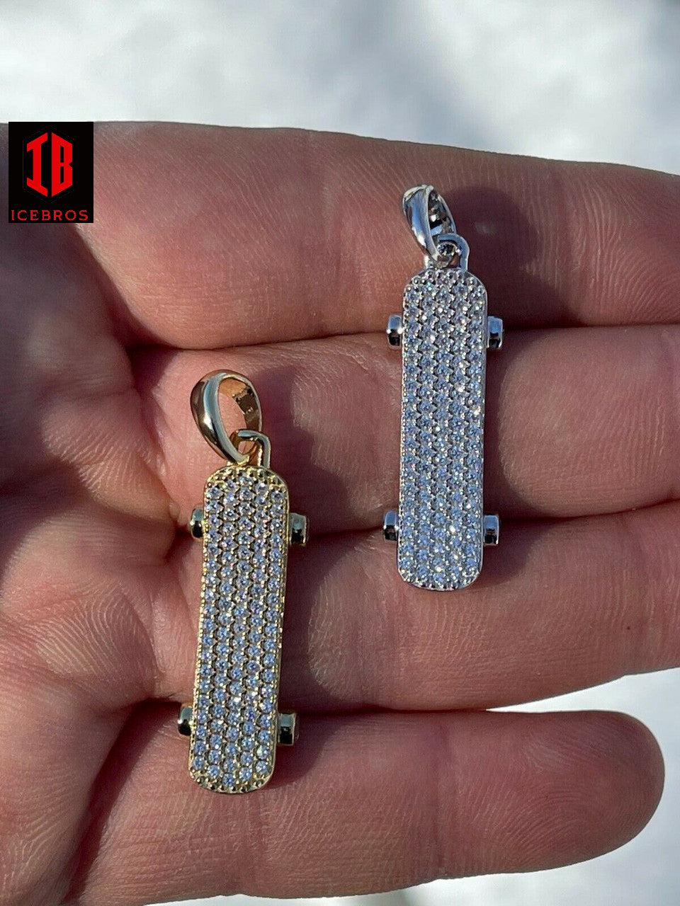 925 Sterling Silver Iced CZ Diamond Skateboard Charm Hip Hop Gold Necklace