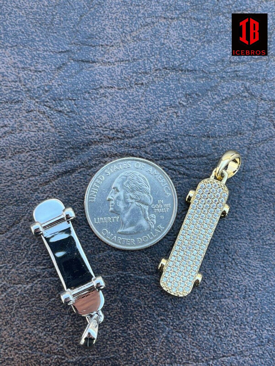 925 Sterling Silver Iced CZ Diamond Skateboard Charm Hip Hop Gold Necklace