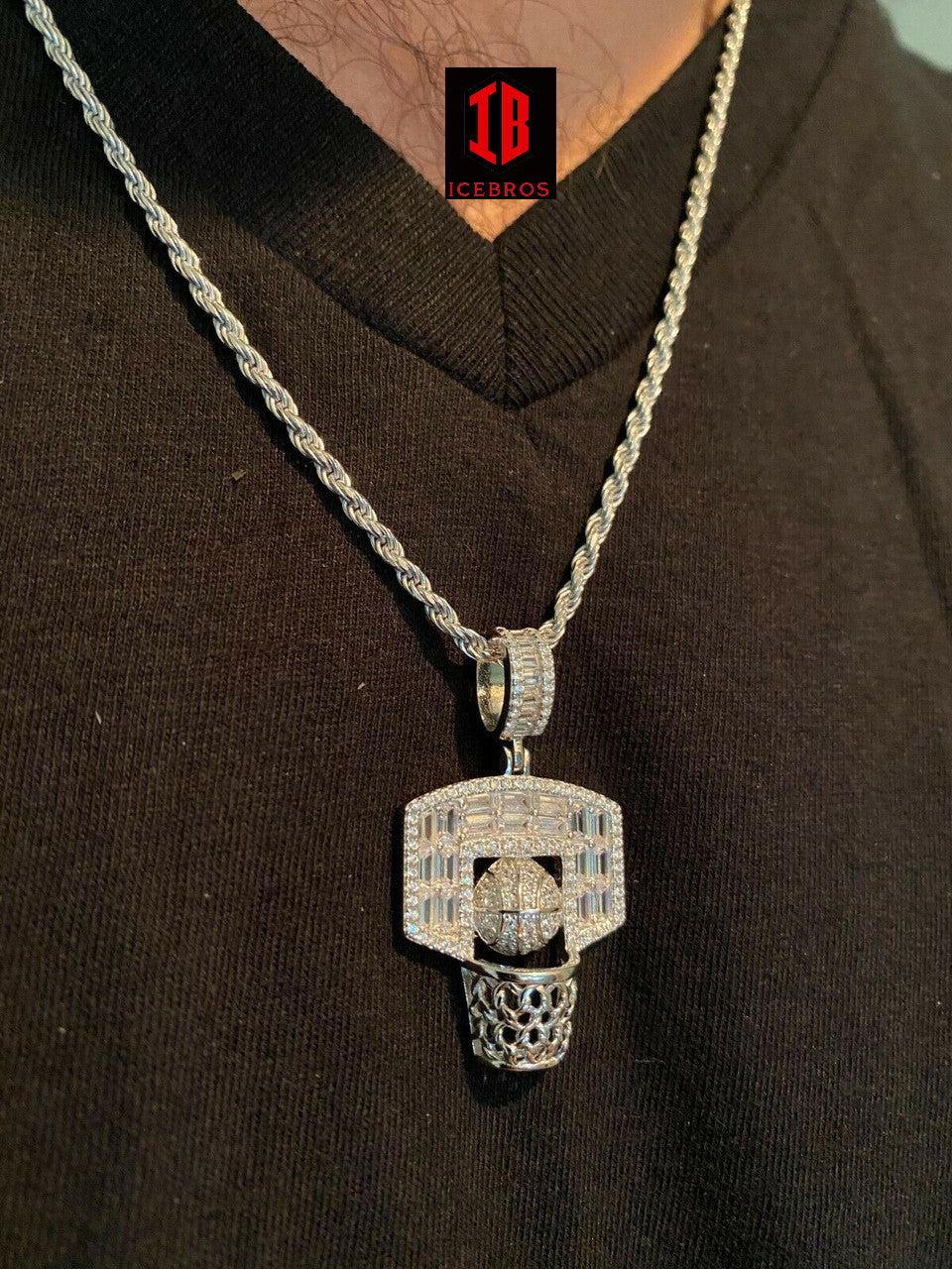 925 Silver Hip Hop Basketball Hoop Pendant Necklace Baguette CZ Diamond