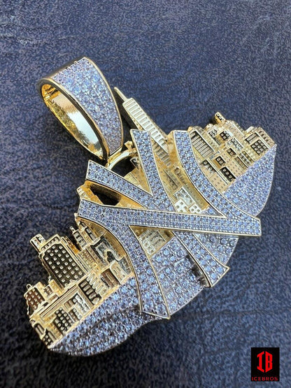 New York NYC Skyline Pendant Iced CZ Diamond 925 Silver Gold Necklace