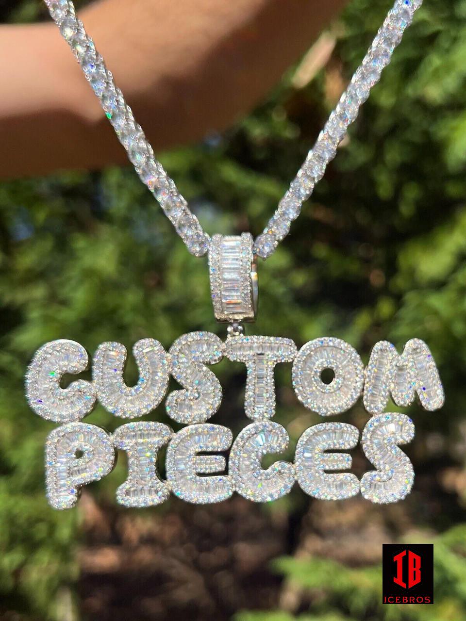 Custom Baguette Bubble Letter Pendant (Or Number) CZ Or Moissanite Graffiti Name 925 Silver