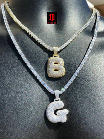 Large 925 Silver Custom Bubble Letters Initial Pendant CZ FULLY ICED A B C D E F G - Z