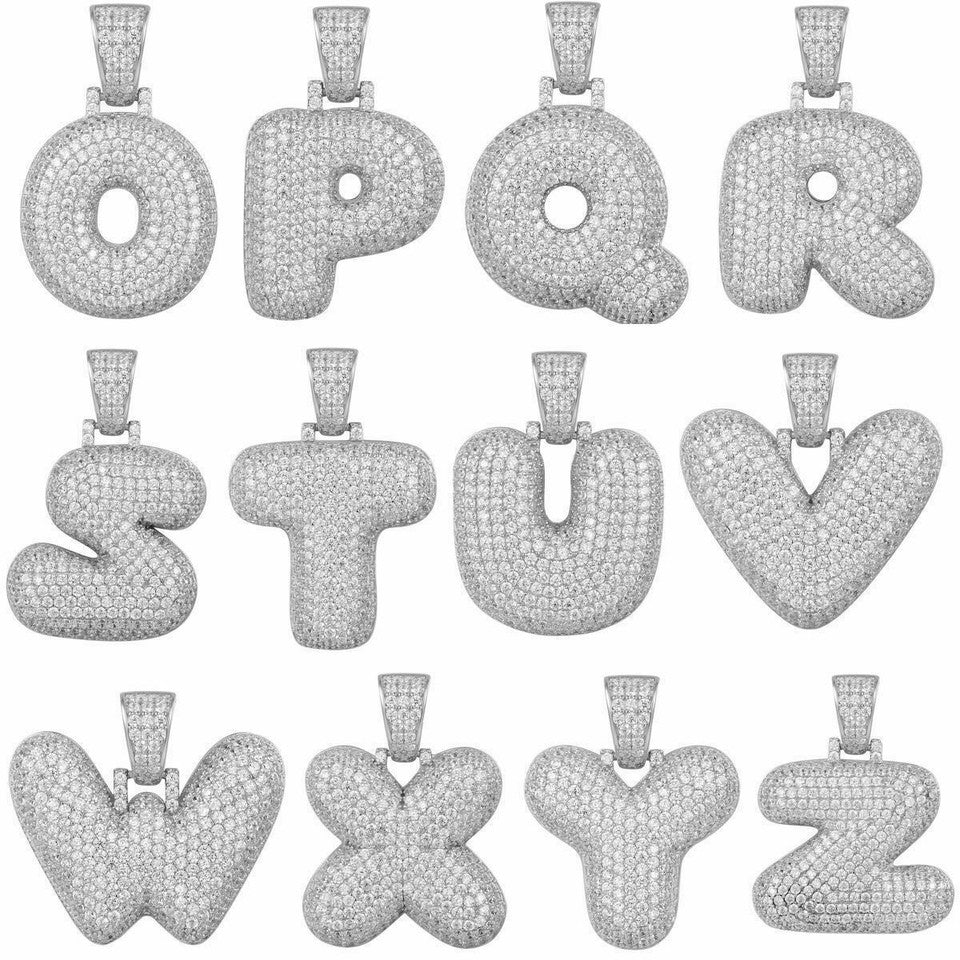 Large 925 Silver Custom Bubble Letters Initial Pendant CZ FULLY ICED A B C D E F G - Z