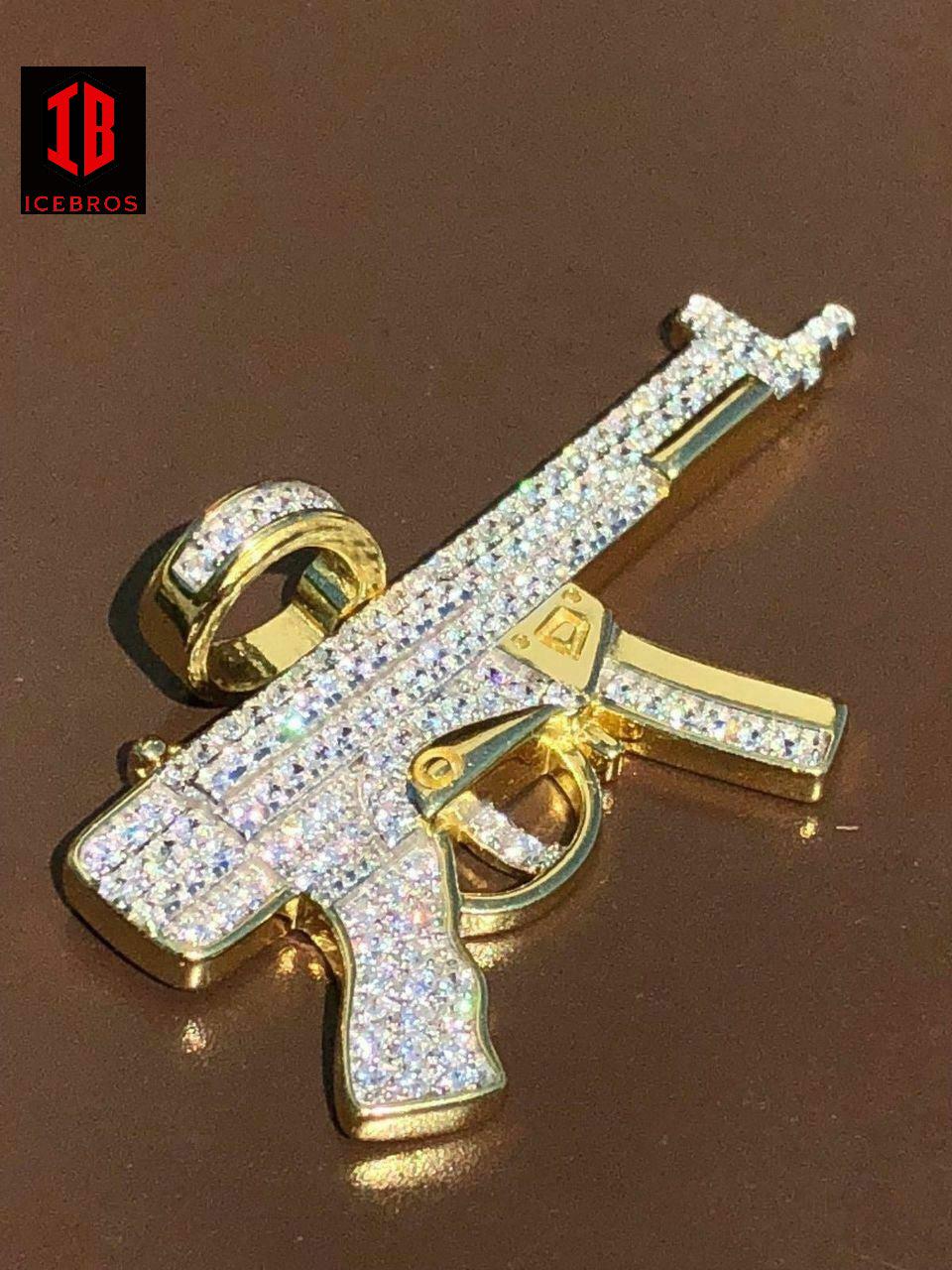 ICEBROS 925 Silver AK-47 Machine Gun Diamond Piece Super Icy Pendant W. Chain