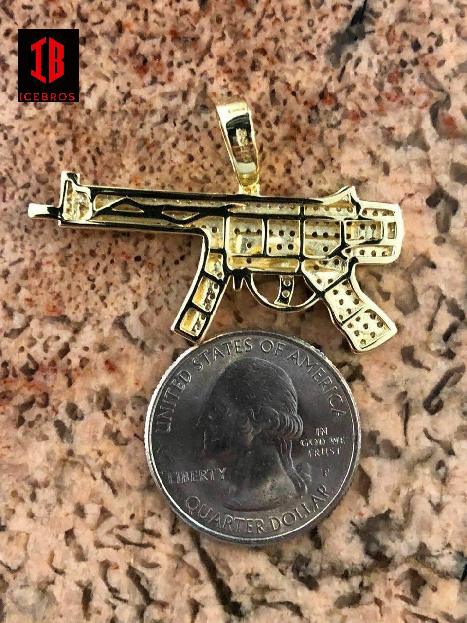 ICEBROS 925 Silver AK-47 Machine Gun Diamond Piece Super Icy Pendant W. Chain