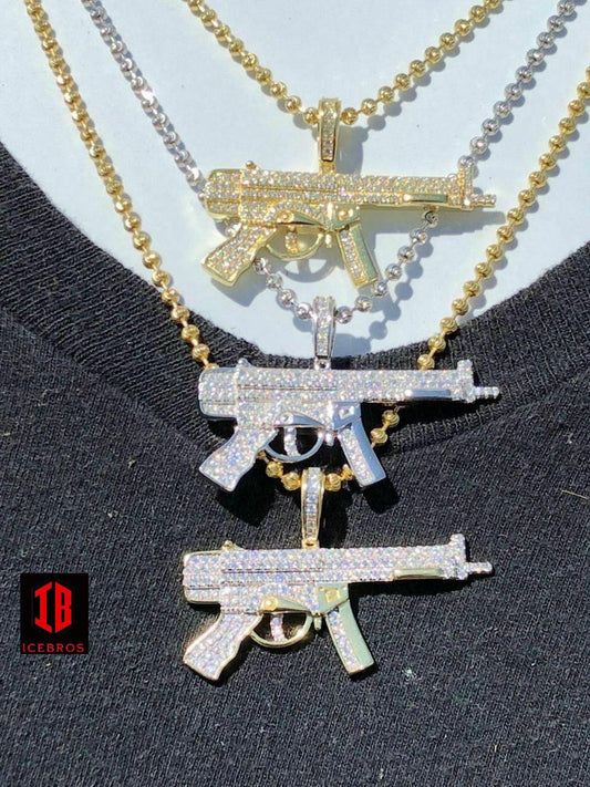 ICEBROS 925 Silver AK-47 Machine Gun Diamond Piece Super Icy Pendant W. Chain