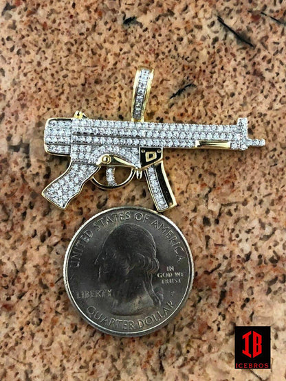 ICEBROS 925 Silver AK-47 Machine Gun Diamond Piece Super Icy Pendant W. Chain