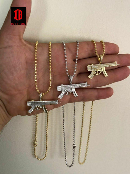 ICEBROS 925 Silver AK-47 Machine Gun Diamond Piece Super Icy Pendant W. Chain