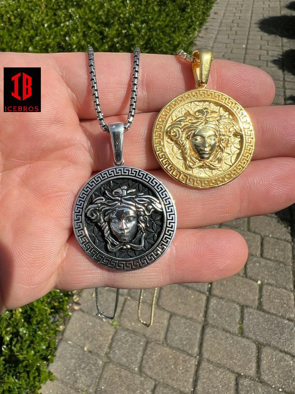 Real Solid 925 Silver / Gold Round Medusa Medallion Pendant Necklace UNISEX