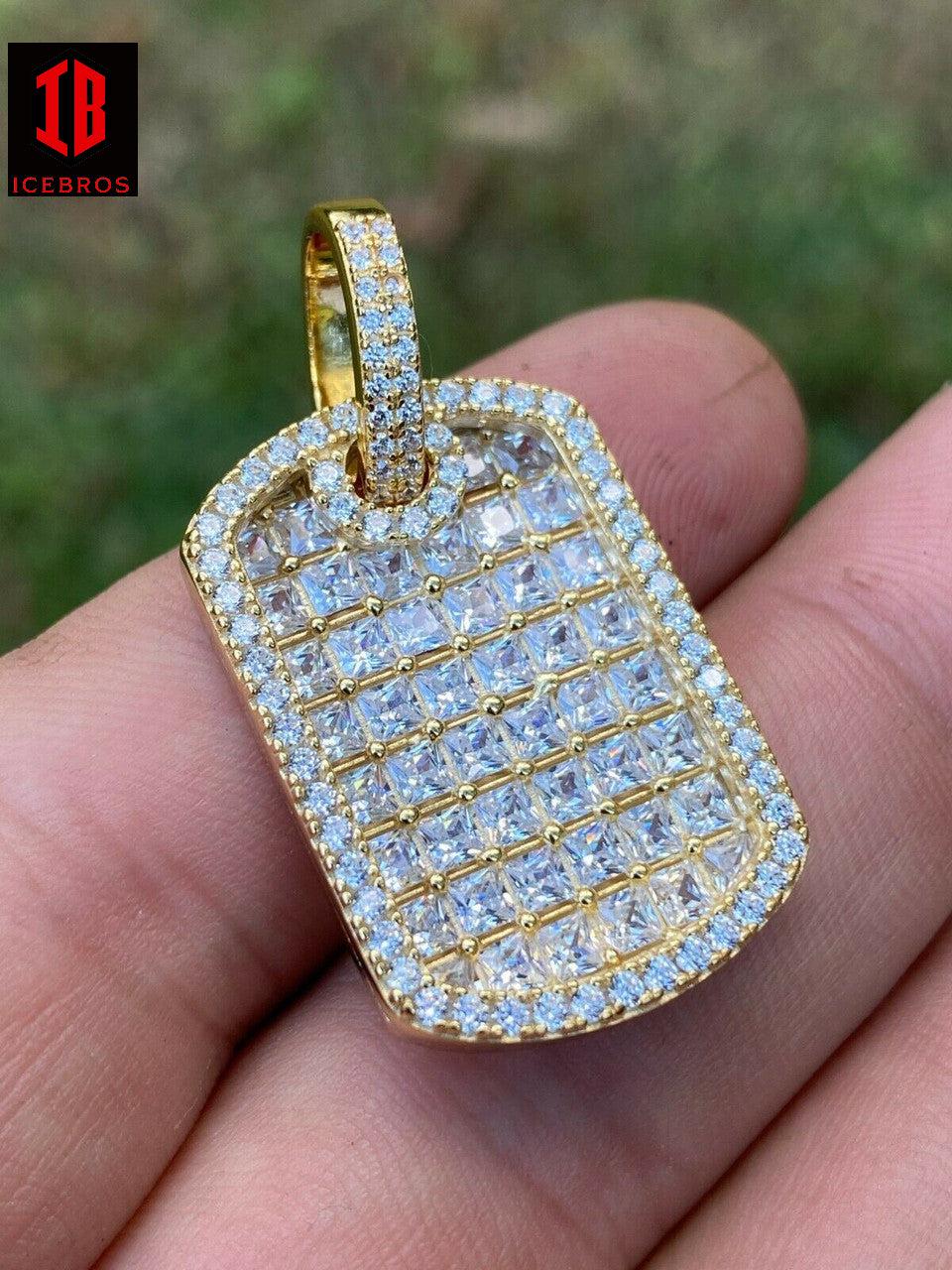 Solid 925 Silver Men's Dog Tag Pendant Iced Baguette Diamond 1.5" Gold Bonded