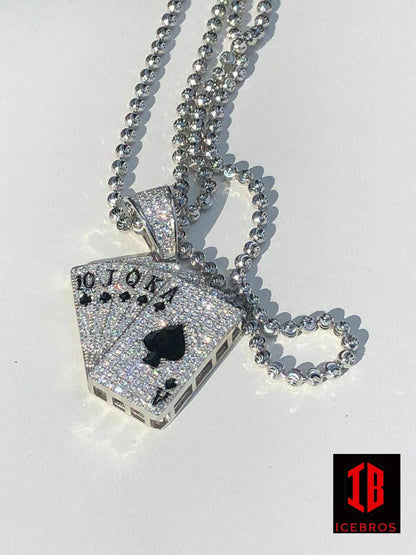 Enamel 925 Sterling Silver Cards Deck Royal Flush Ace of Spades Diamond Pendant