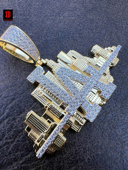 L.A Los Angeles LA Skyline Pendant Iced Diamond Real 925 Silver Gold Necklace
