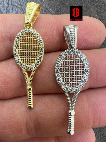 14K Over 925 Silver Tennis Racket Pendant Necklace Men's Ladies Ice