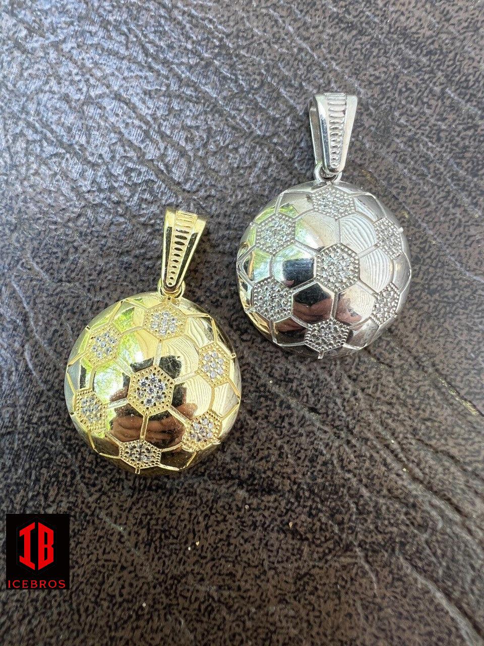 925 Silver 14k Gold Vermeil Soccer Ball Futbol Pendant Necklace Charm Iced