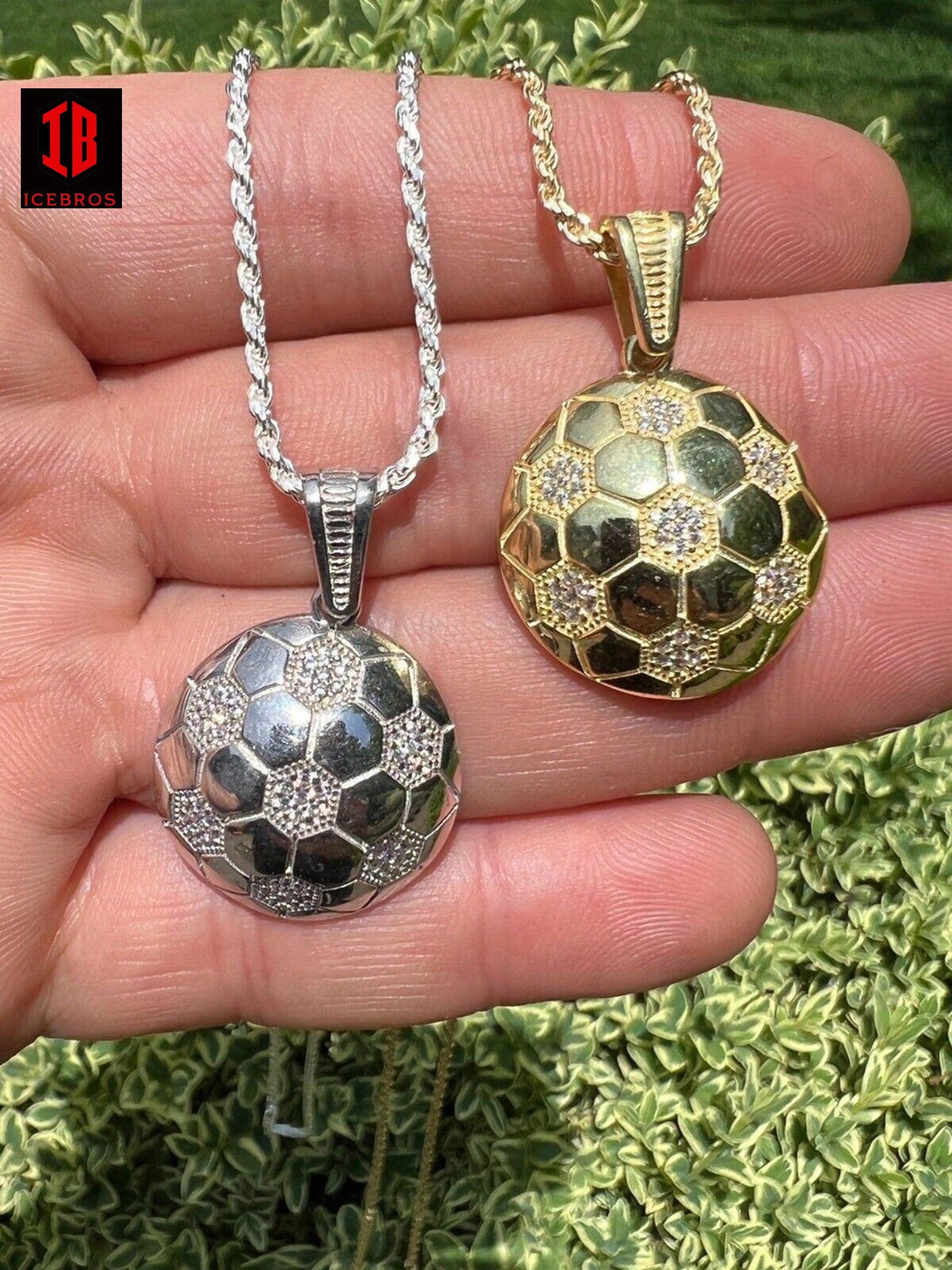 925 Silver 14k Gold Vermeil Soccer Ball Futbol Pendant Necklace Charm Iced