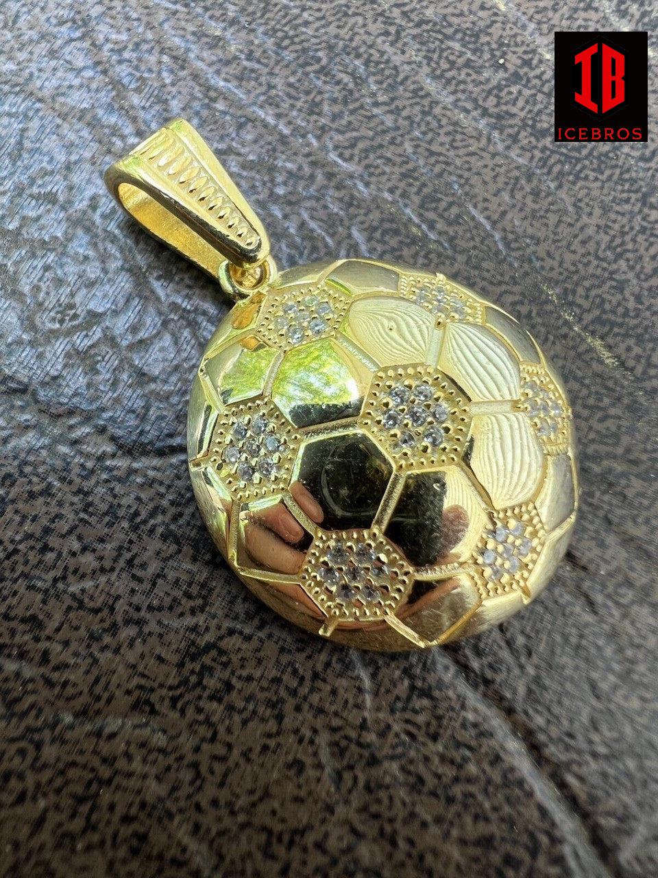 925 Silver 14k Gold Vermeil Soccer Ball Futbol Pendant Necklace Charm Iced