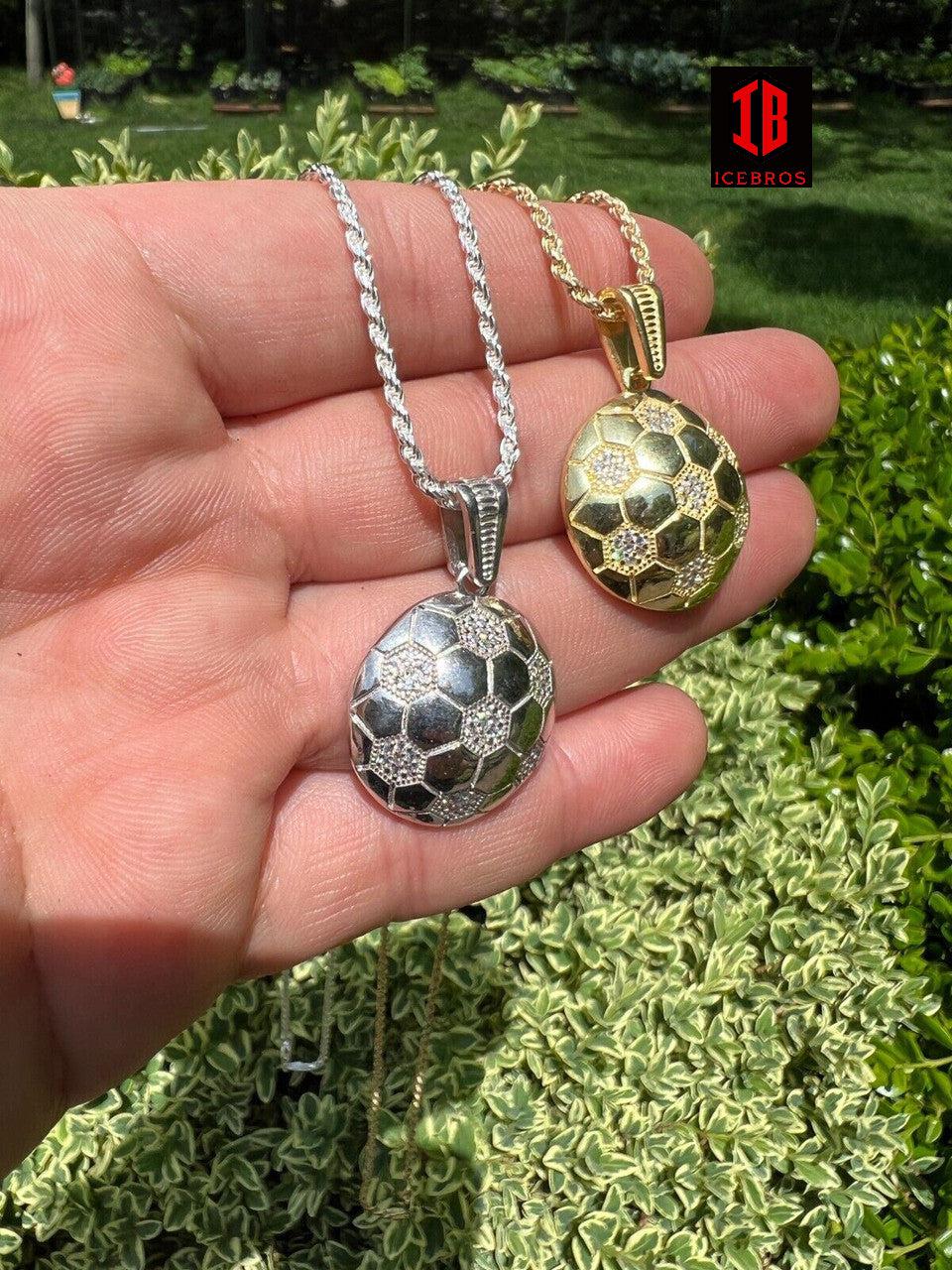 925 Silver 14k Gold Vermeil Soccer Ball Futbol Pendant Necklace Charm Iced