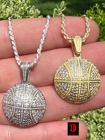 925 Silver Over 14k Gold Kids Basketball Pendant Necklace Men's Ladies Iced