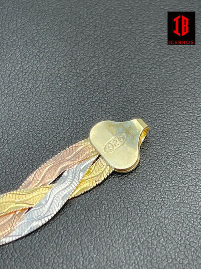 925 Silver Tri Color Yellow Rose Gold Braided Herringbone Bracelet Tri color