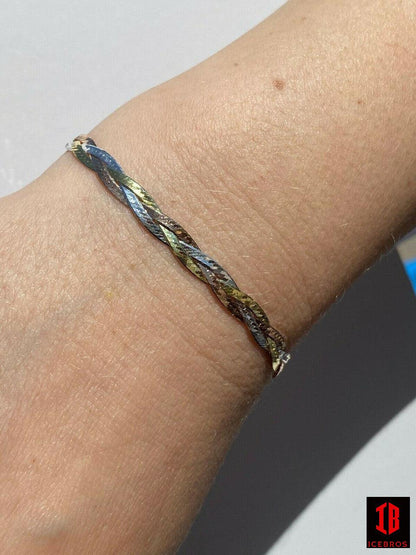 925 Silver Tri Color Yellow Rose Gold Twisted Micro Braided Herringbone Bracelet