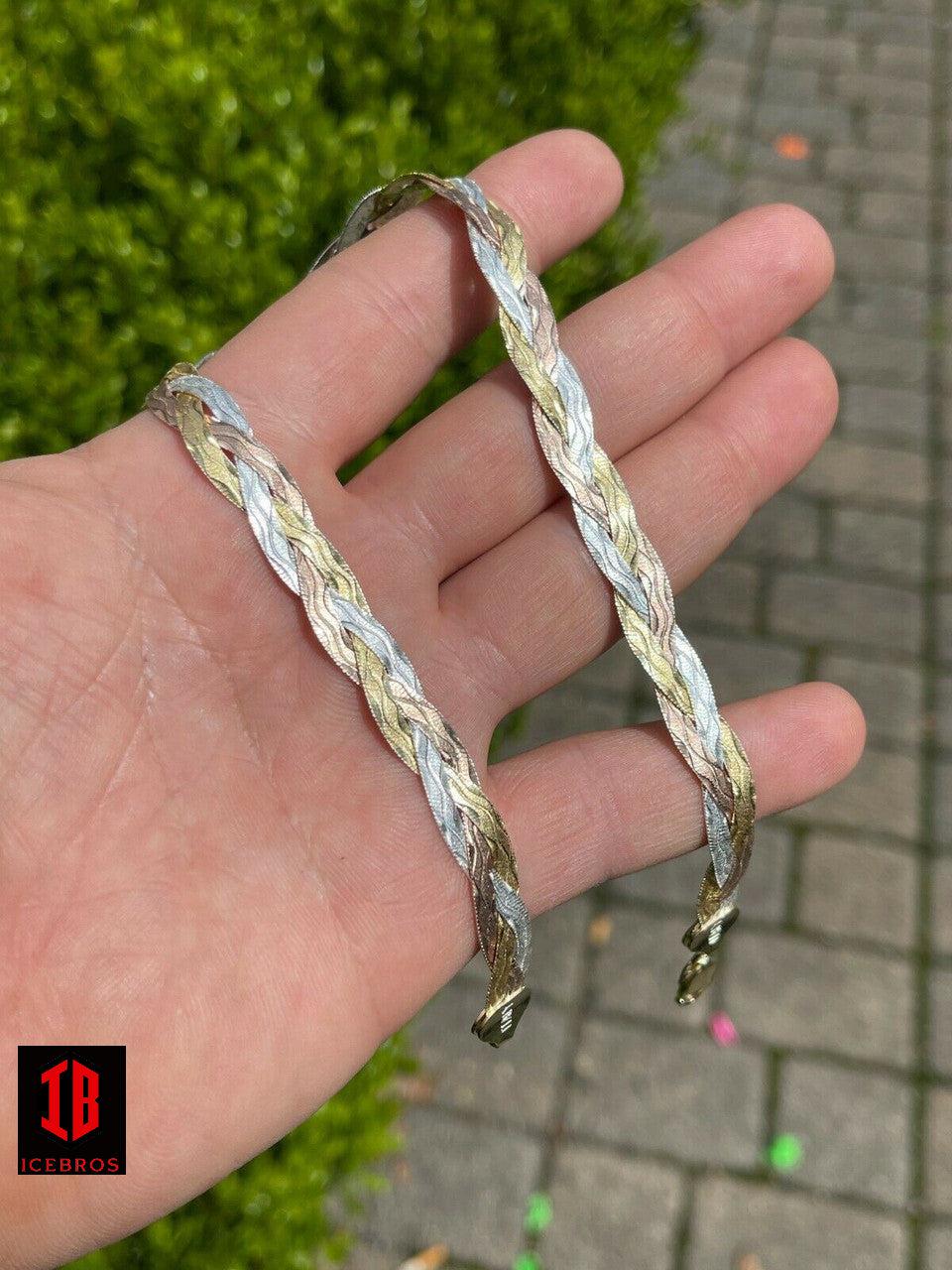 925 Silver Tri Color Yellow White Rose Gold Braided Herringbone Chain Necklace