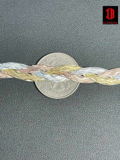 925 Silver Tri Color Yellow White Rose Gold Braided Herringbone Chain Necklace