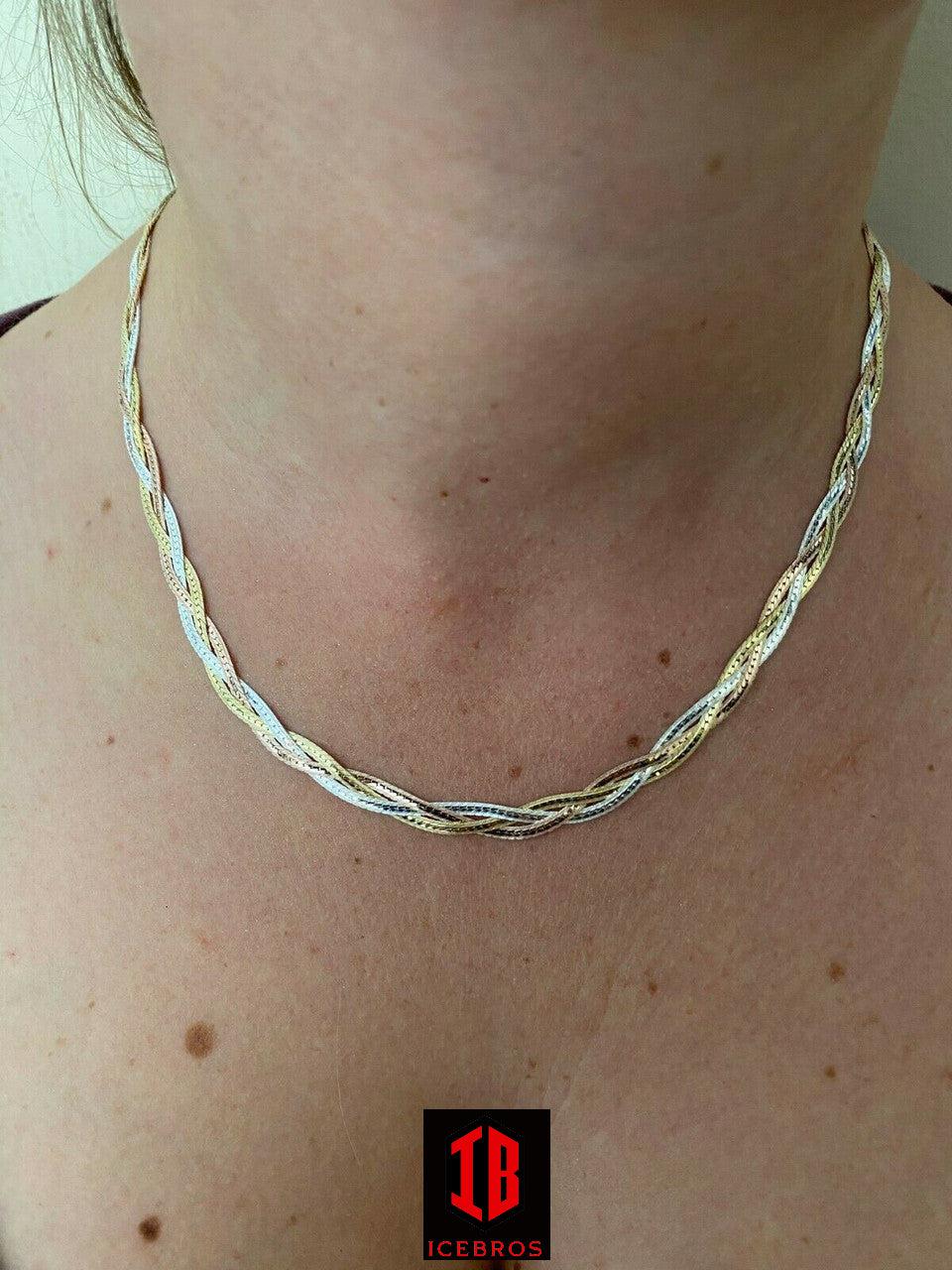 925 Matte Tri Color Yellow White Rose Gold Twisted Braided Vintage Herringbone Necklace