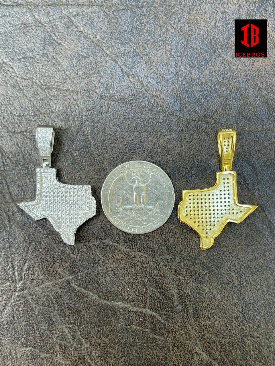 925 Silver Hip Hop Texas State Shape Pendant Iced CZ Diamond Necklace Gold