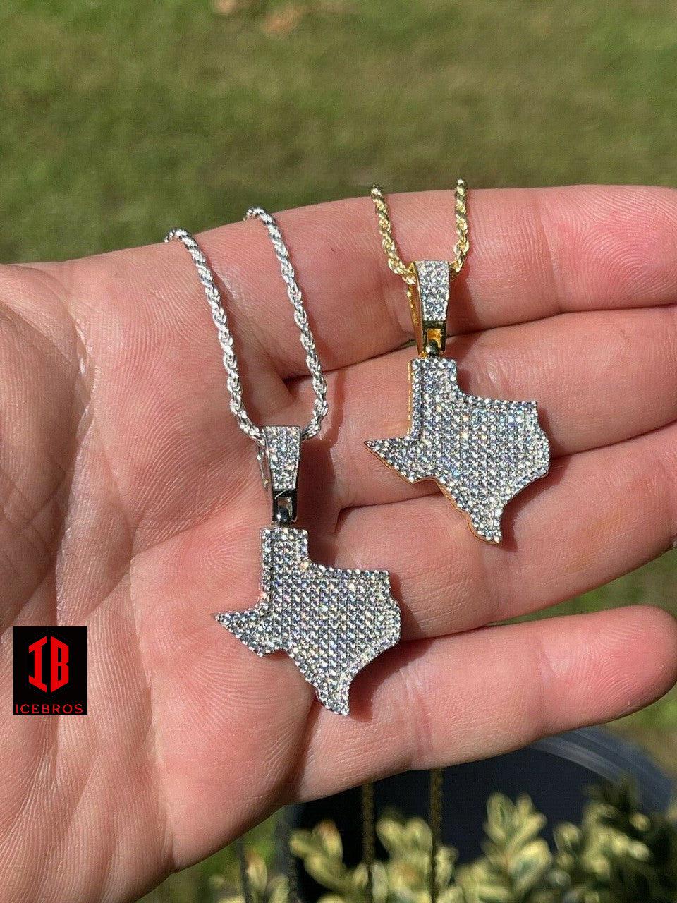 925 Silver Hip Hop Texas State Shape Pendant Iced CZ Diamond Necklace Gold