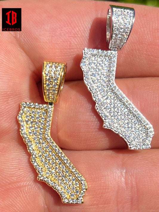 925 Silver HipHop California State Shape Pendant Iced CZ Diamonds 14K Gold