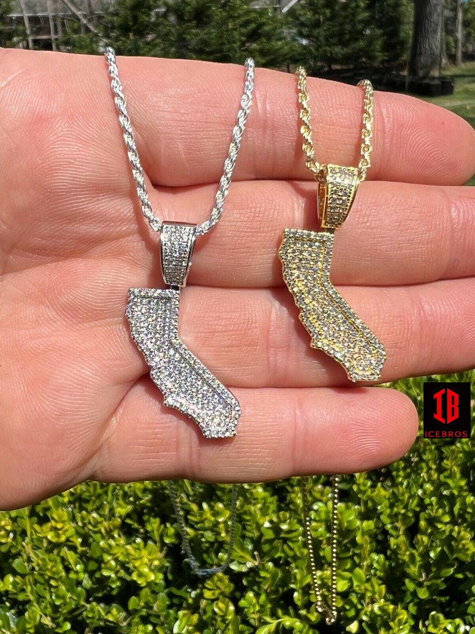 925 Silver HipHop California State Shape Pendant Iced CZ Diamonds 14K Gold