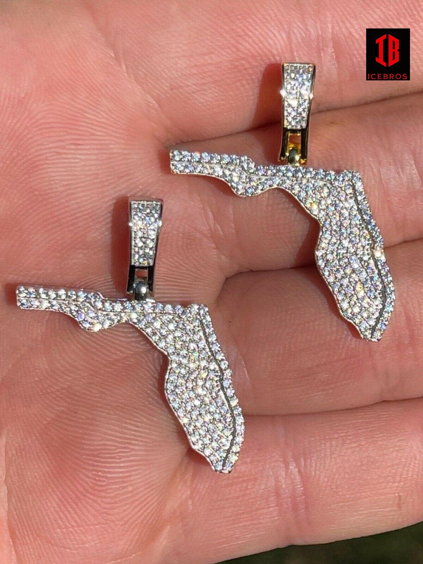 925 Silver Hip Hop Florida State Flag Pendant Iced CZ Diamond Necklace Gold