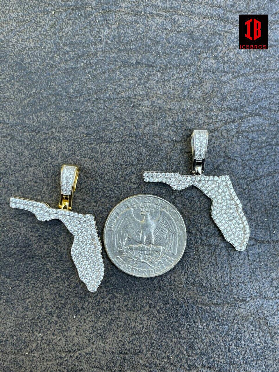 925 Silver Hip Hop Florida State Flag Pendant Iced CZ Diamond Necklace Gold